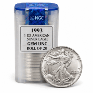 1993 1 OZ AMERICAN SILVER EAGLE NGC GEM UNC ROLL OF 20