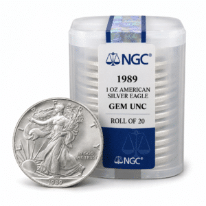 1989 1 OZ AMERICAN SILVER EAGLE NGC GEM UNC ROLL OF 20