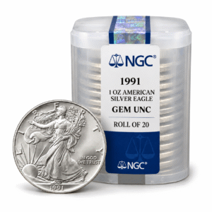 1991 1 OZ AMERICAN SILVER EAGLE NGC GEM UNC ROLL OF 20