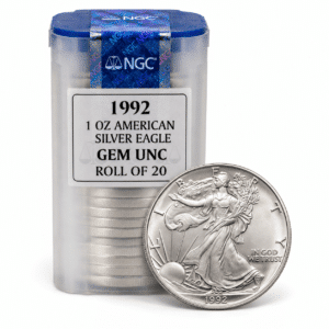 1992 1 OZ AMERICAN SILVER EAGLE NGC GEM UNC ROLL OF 20
