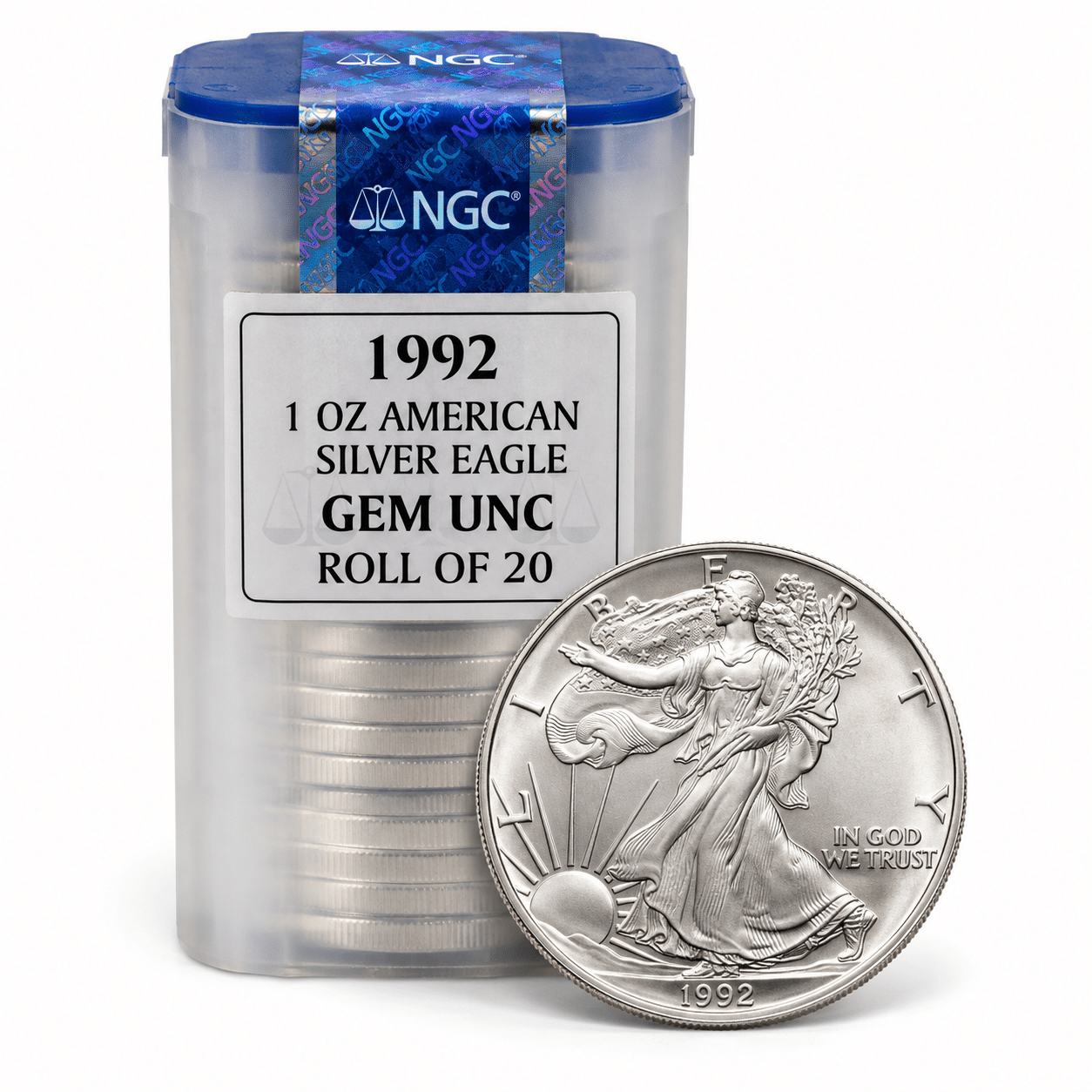 1992 1 OZ AMERICAN SILVER EAGLE NGC GEM UNC ROLL OF 20