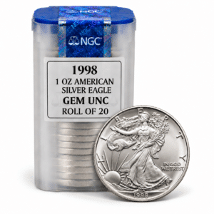 1998 1 OZ AMERICAN SILVER EAGLE NGC GEM UNC ROLL OF 20 (1)