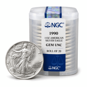 1990 1 OZ AMERICAN SILVER EAGLE NGC GEM UNC ROLL OF 20
