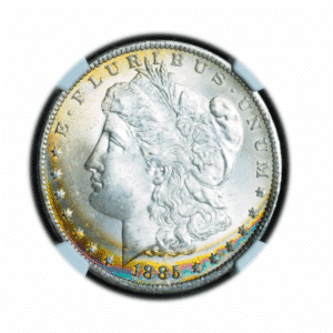 1885 O $1 U.S. SILVER MORGAN NGC MS62 RAINBOW TONING