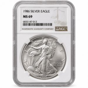 1986 1 OZ AMERICAN SILVER EAGLE NGC69. Obverse