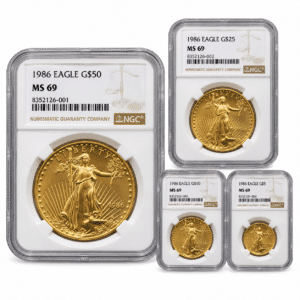 1986 4-PIECE AMERICAN GOLD EAGLE SET NGC69. Obverse
