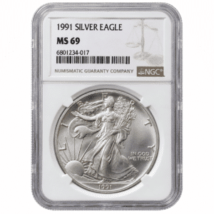 1991 1 OZ AMERICAN SILVER EAGLE NGC69