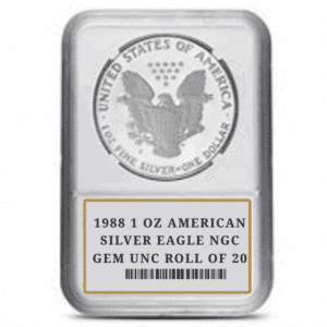 1988 1 OZ AMERICAN SILVER EAGLE NGC GEM UNC ROLL OF 20