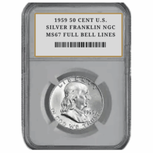 1959 50 CENT U.S. SILVER FRANKLIN NGC MS67 FULL BELL LINES