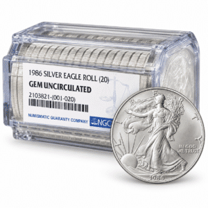 1986 1 OZ AMERICAN SILVER EAGLE NGC GEM UNC ROLL OF 20