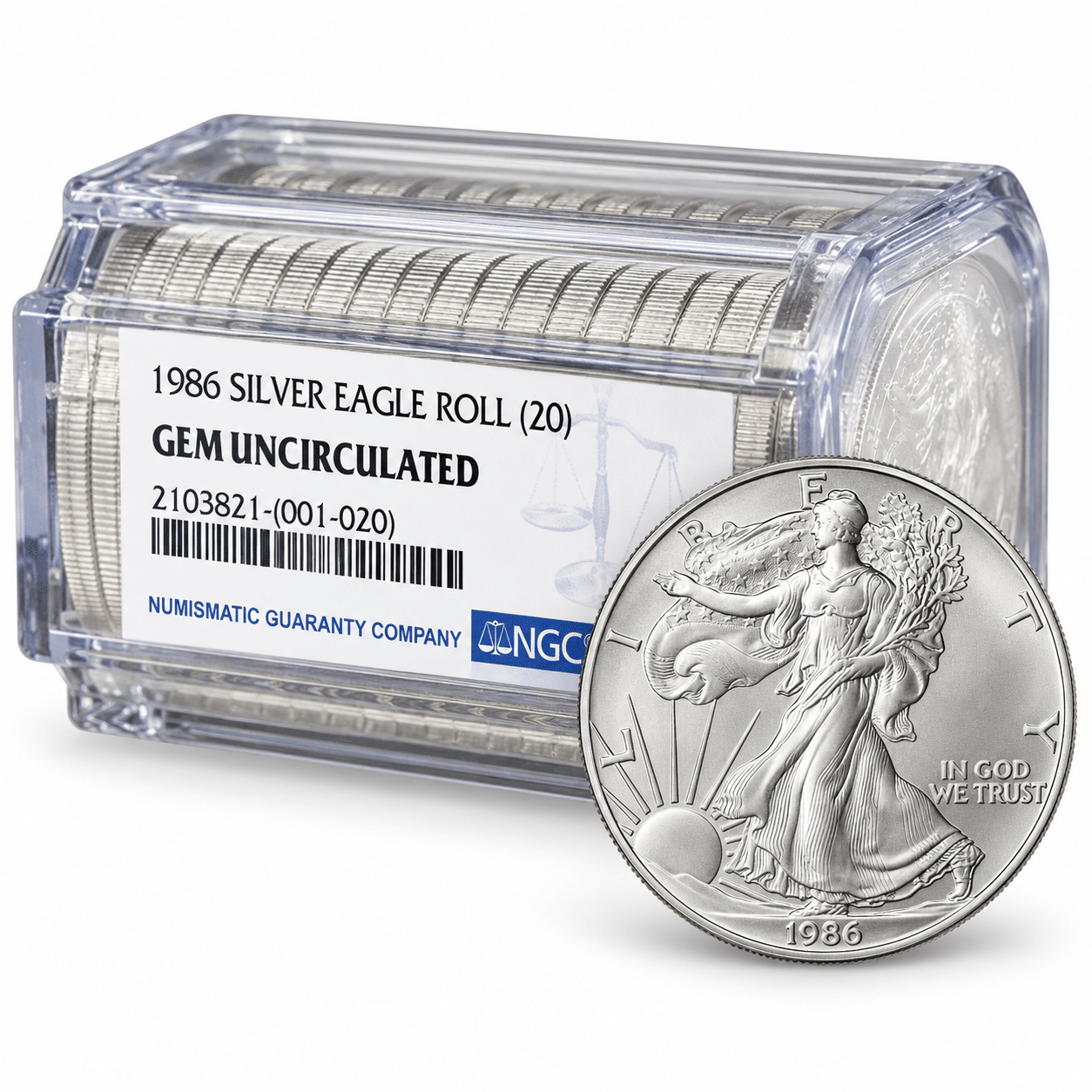 1986 1 OZ AMERICAN SILVER EAGLE NGC GEM UNC ROLL OF 20