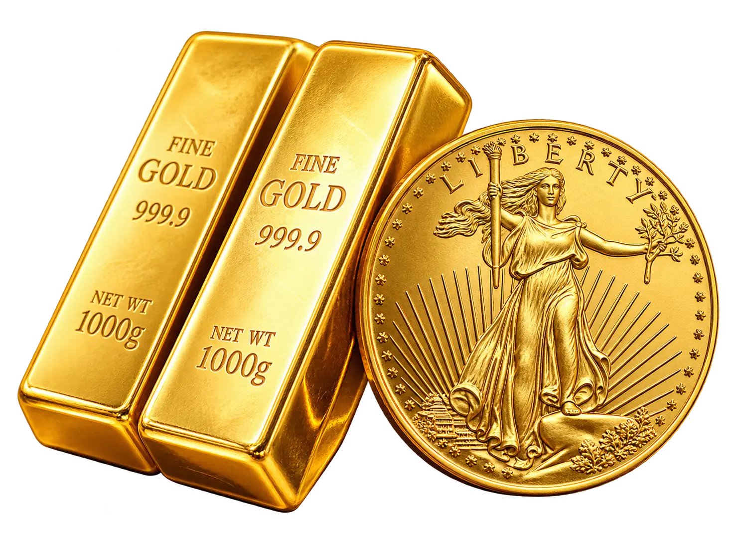 Gold bullion bars and coin